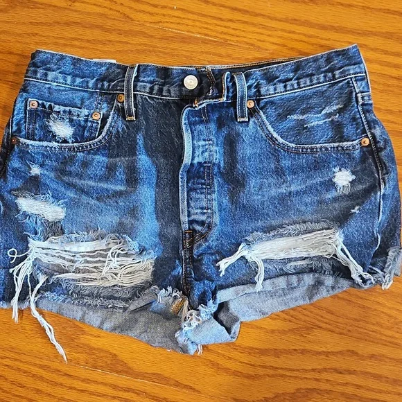 Levi 501 Blue Distressed Jean Shorts - Picture 4 of 9